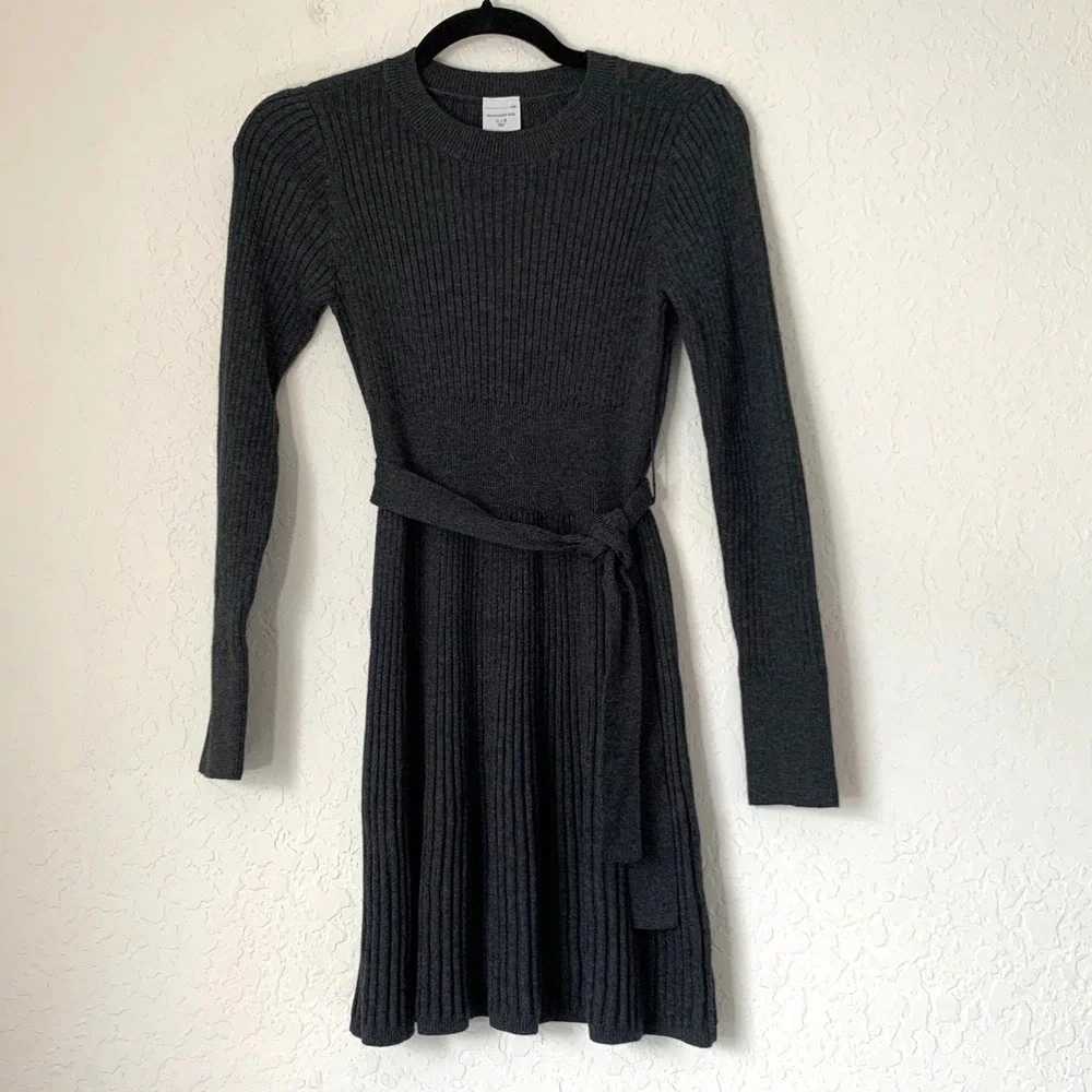 Abercrombie Kids Sweater Dress Girls 11/12 Grey Ribbed Tie Waist Quiet Luxury